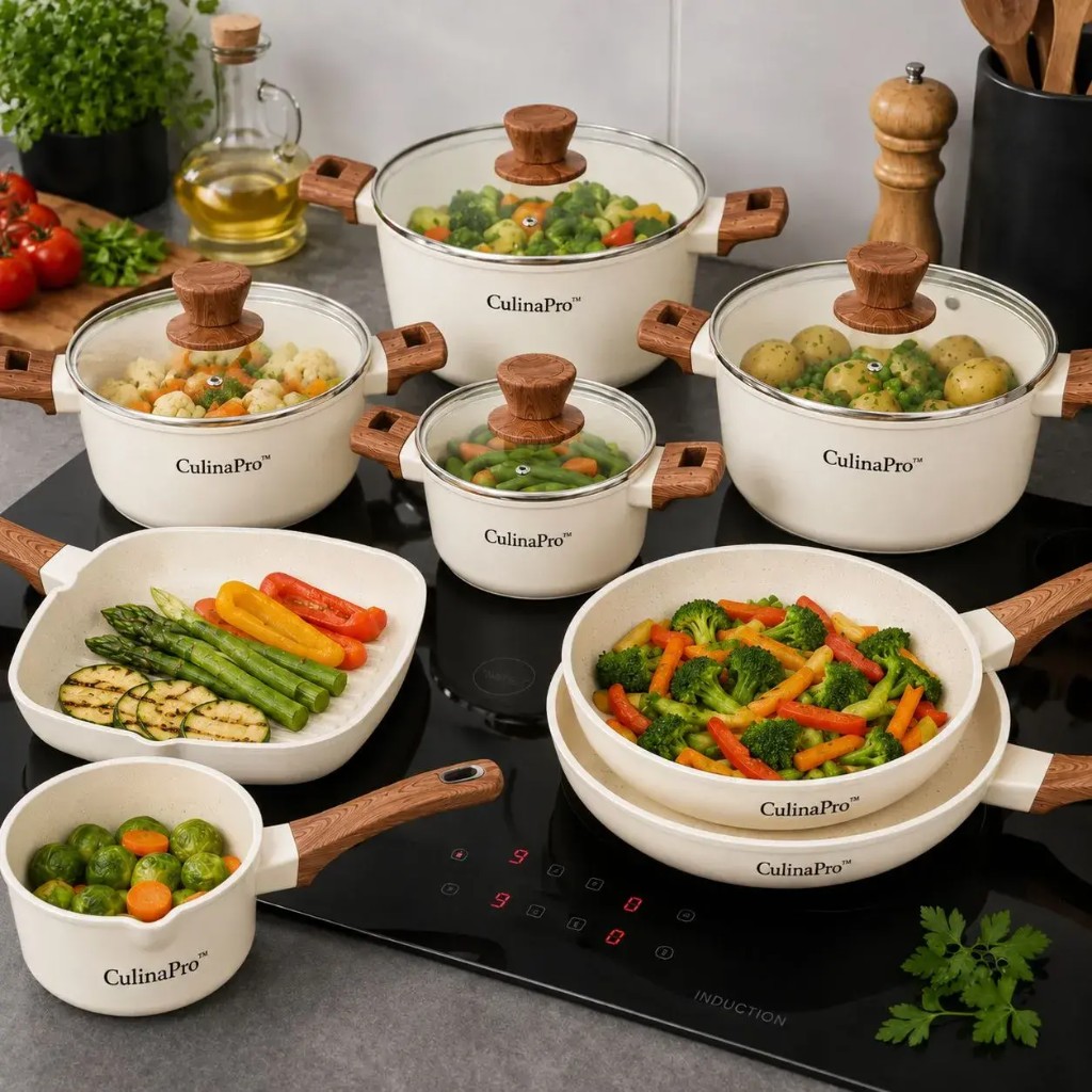 CulinaPro garnki na płycie indukcyjnej ze świeżymi warzywami
