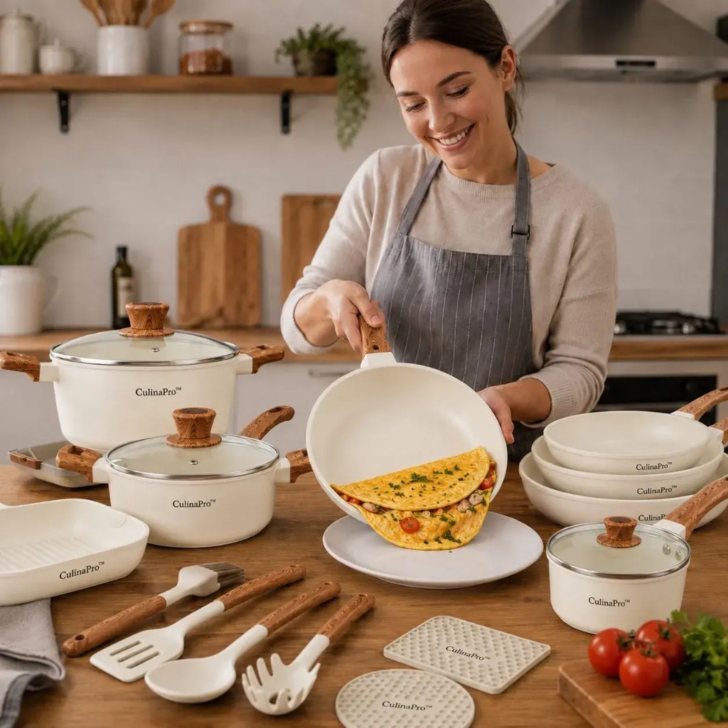 CulinaPro kobieta gotuje w domu nieprzywierającą omletkę